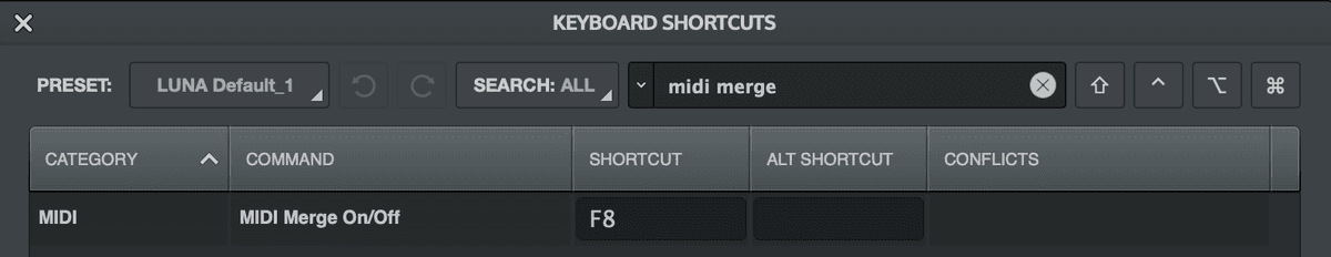 LUNA MIDI Merge Shortcut